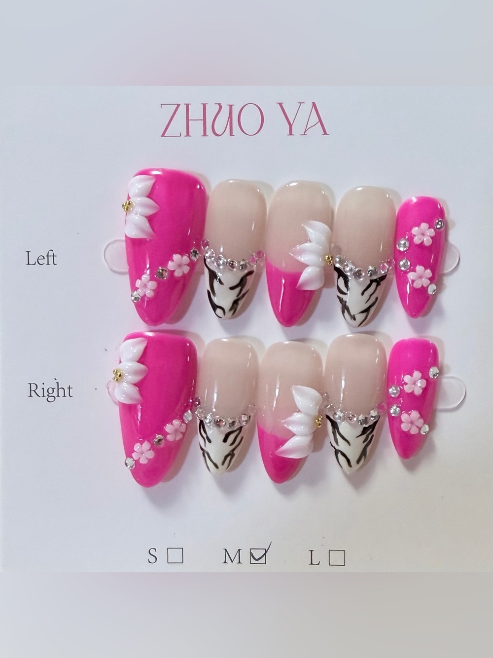 Pink Floral Rhinestone Press-On Nails